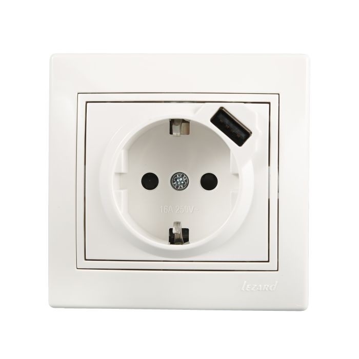 Розетка с заземлением + USB  Lezard Mira,белый (701-0202-181)