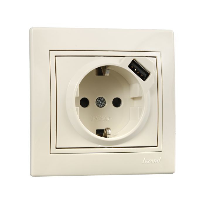 Розетка з заземленням + USB  Lezard Mira, крем (701-0303-181)
