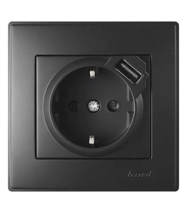 Розетка с заземлением + USB Lezard Lesya, антрацит (705-4242-181)