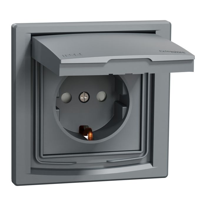 Розетка із заземленням і з шторками IP44 «Asfora», (колір сталь) EPH3100362