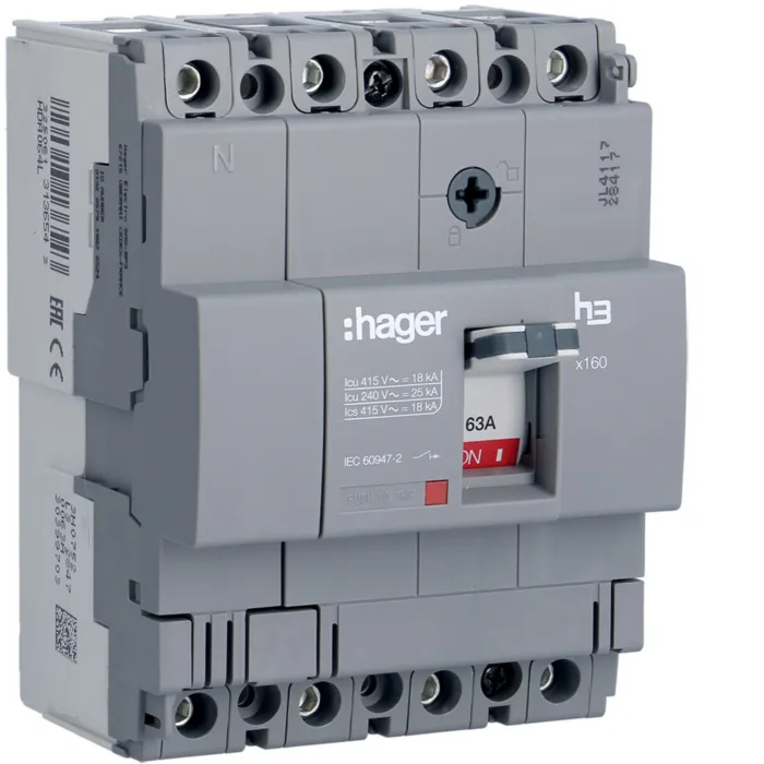 Автоматичний вимикач x160, In=63А, 4п, 18kA, Тфікс/Мфікс HDA064L Hager HDA064L