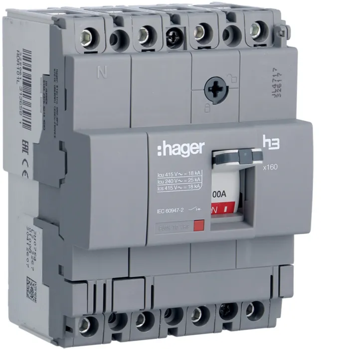 Автоматичний вимикач x160, In=100А, 4п, 18kA, Тфікс/Мфікс HDA101L Hager HDA101L