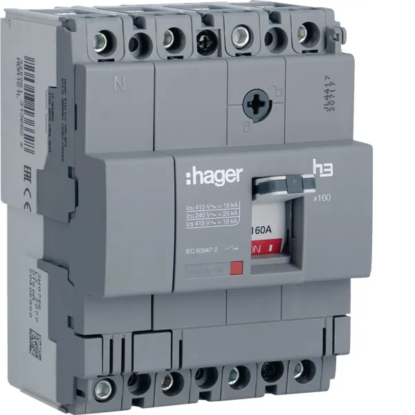 Автоматичний вимикач x160, In=160А, 4п, 18kA, Тфікс/Мфікс HDA161L Hager