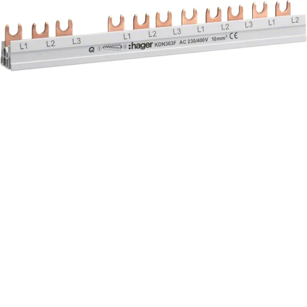 Шина фазна 3P 10мм² 12M (1xПЗВ 4п + 8хАвт.вим. 1п) Hager KDN363F