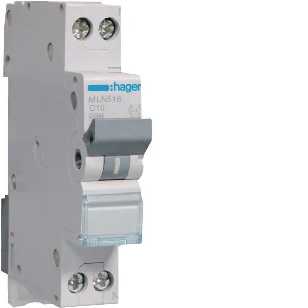 Автоматичний вимикач 1P+N 16A C 6kA 1 мод Hager MLN516