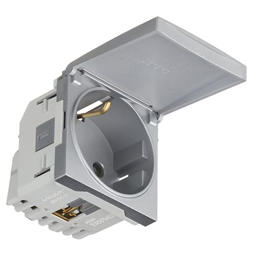 Механізм  розетки з кришкою 2P+Z ШУКО 16A 250V- 2 мод. Алюміній (45128 SAL)