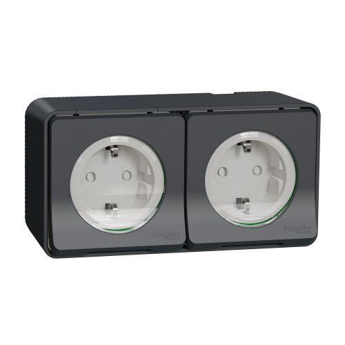 Блок з 2х розеток зі шторками IP55, чорний наружний монтаж Mureva Styl Schneider Electric MUR36029